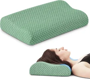 Travel Pillow Memory Foam Pillows, Ergonomic Wave Cervical Neck Pillow for Neck Pain Relief, Compressible Medium Firm Side Sleeper Pillow, Ideal for Camping, Office, Home & Bed (Green, S)