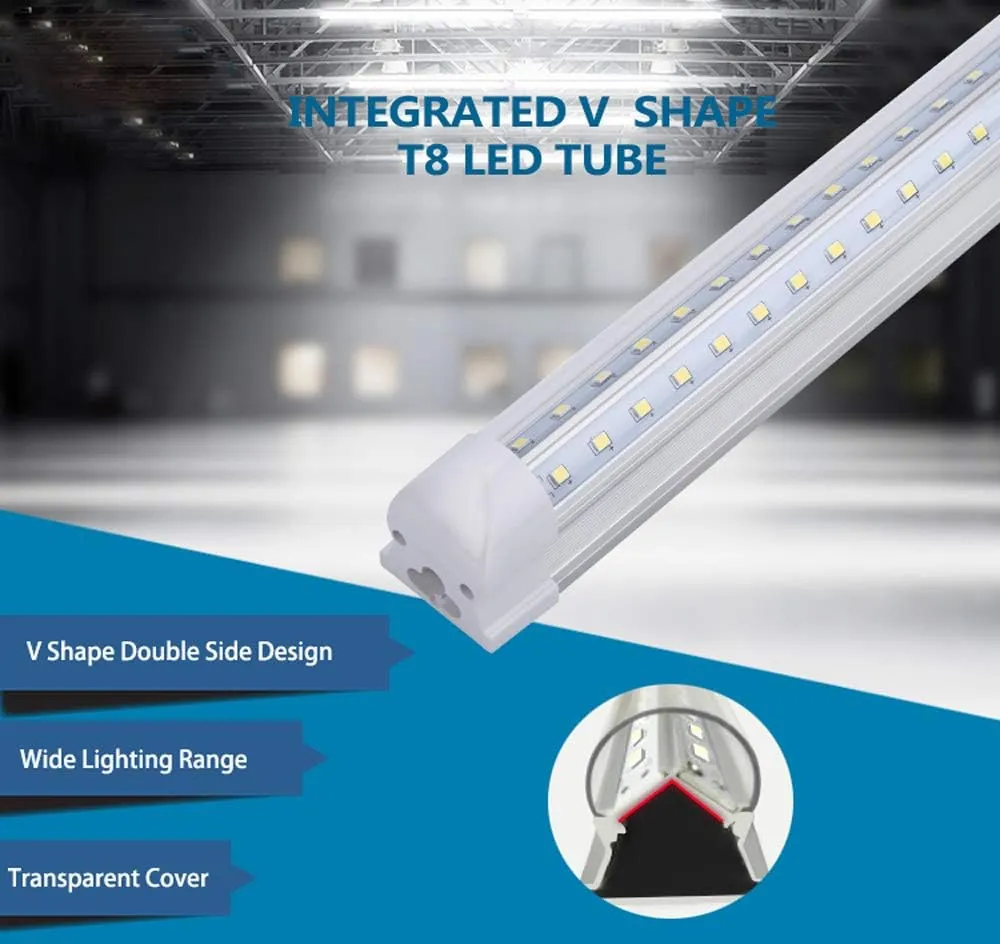 TRLIFE 8FT LED Shop Light Fixtures, 72W LED Tube Light 8FT 5000K Daylight White Dual Side T8 V-Shape Integrated 8 FT Bulbs(150W Fluorescent Light Equivalent), 8640Lm, Clear Cover(4 Pack)