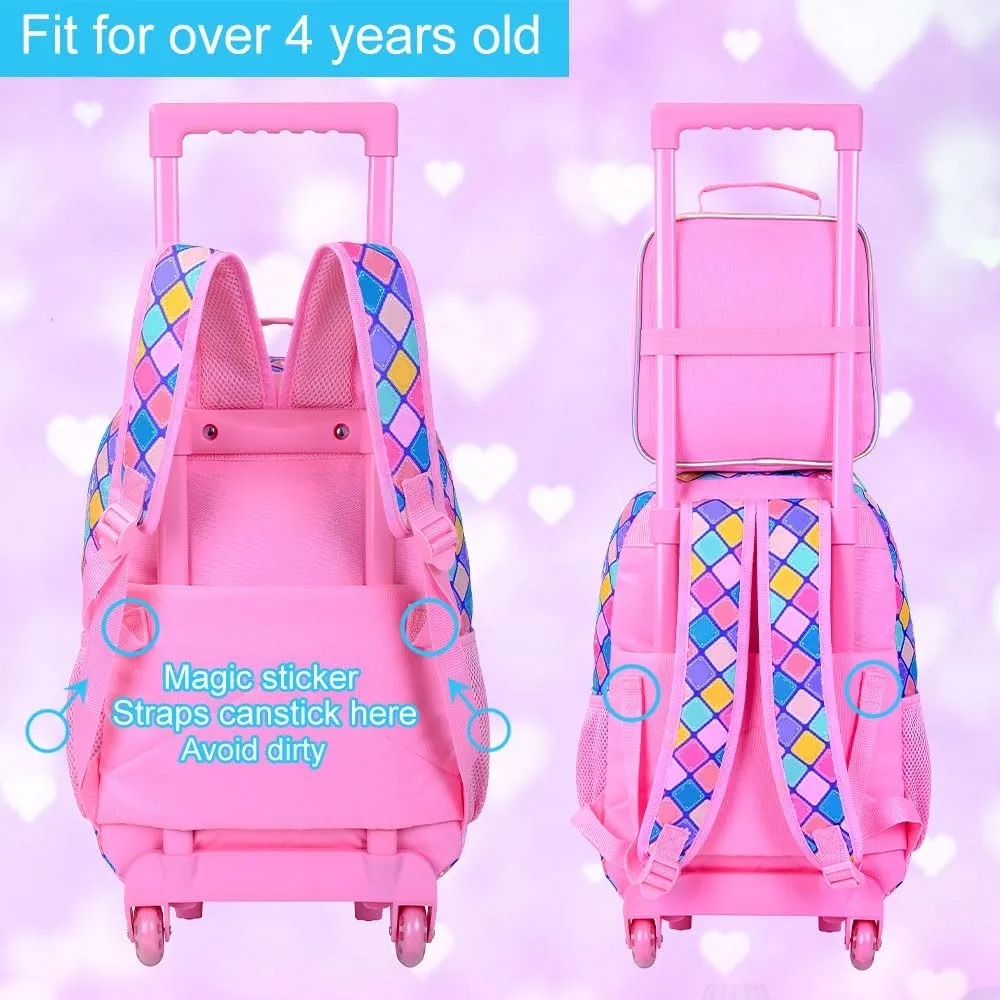 UFNDC 4PCS Rolling Bookbag for Girls, Cute Kids Dog Wheeled Backpack，Roller School Bag with Wheels for Elementary Preschool Travel