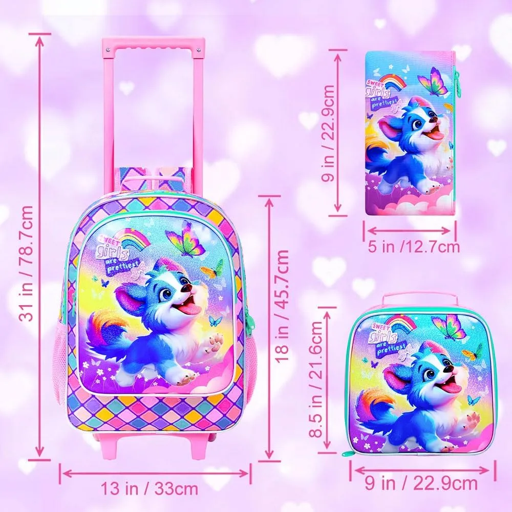 UFNDC 4PCS Rolling Bookbag for Girls, Cute Kids Dog Wheeled Backpack，Roller School Bag with Wheels for Elementary Preschool Travel