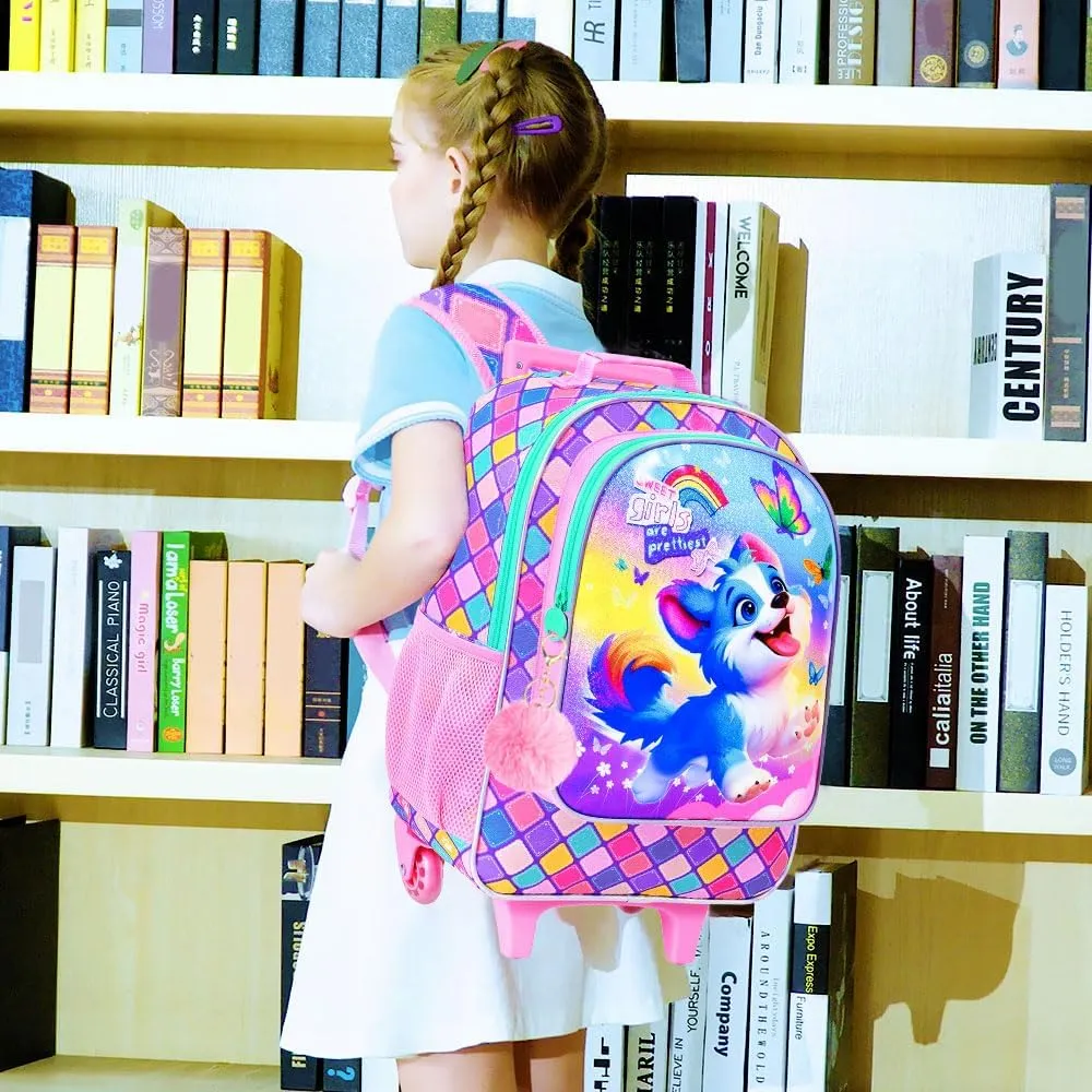 UFNDC 4PCS Rolling Bookbag for Girls, Cute Kids Dog Wheeled Backpack，Roller School Bag with Wheels for Elementary Preschool Travel