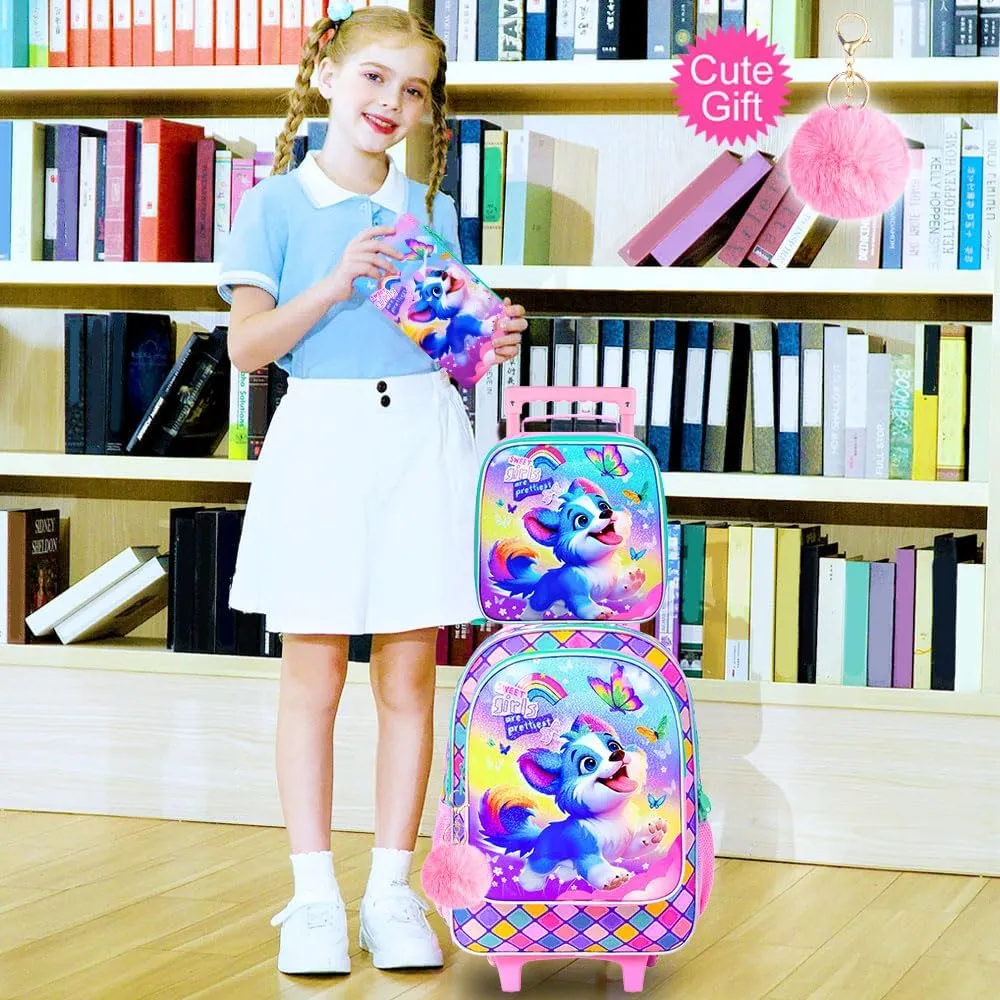 UFNDC 4PCS Rolling Bookbag for Girls, Cute Kids Dog Wheeled Backpack，Roller School Bag with Wheels for Elementary Preschool Travel