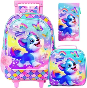UFNDC 4PCS Rolling Bookbag for Girls, Cute Kids Dog Wheeled Backpack，Roller School Bag with Wheels for Elementary Preschool Travel