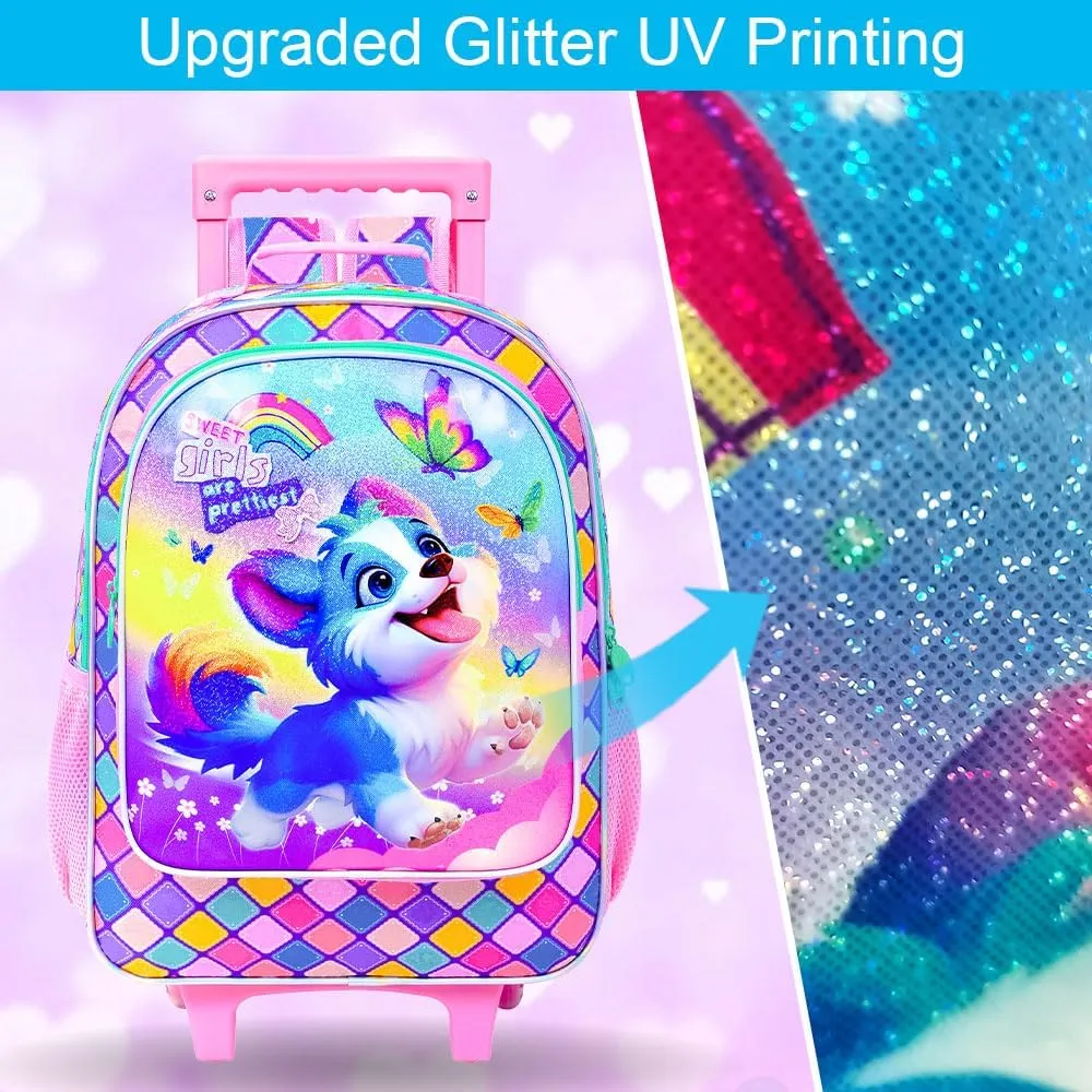 UFNDC 4PCS Rolling Bookbag for Girls, Cute Kids Dog Wheeled Backpack，Roller School Bag with Wheels for Elementary Preschool Travel
