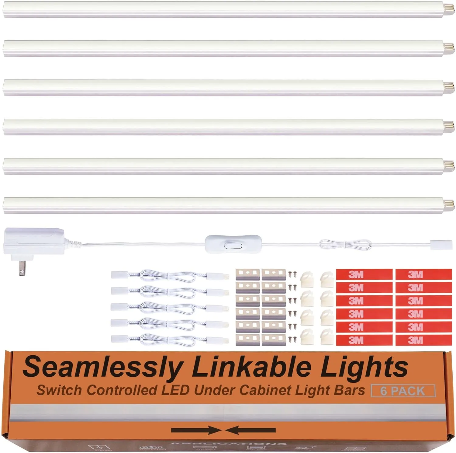 Under Cabinet Lights, Plug in, Seamlessly Linkable 12 Inch, 6 Bars Switch Extensions, Under Counter Lighting for Kitchen, Closet, Gun Safe, Shelf, Display Case, LED 3000k Warm White