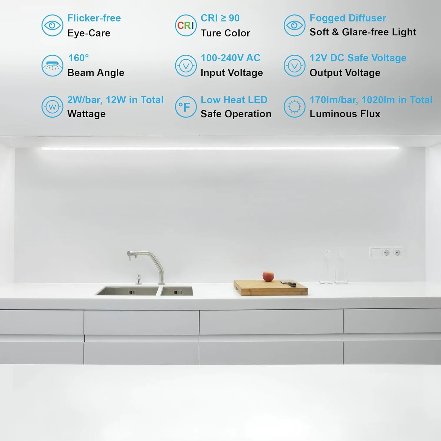 Under Cabinet Lights, Plug in, Seamlessly Linkable 12 Inch, 6 Bars Switch Extensions, Under Counter Lighting for Kitchen, Closet, Gun Safe, Shelf, Display Case, LED 3000k Warm White
