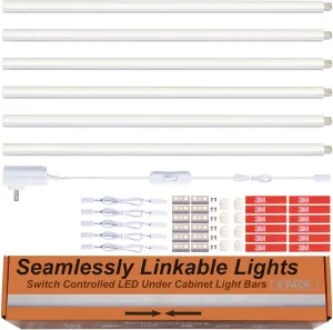 Under Cabinet Lights, Plug in, Seamlessly Linkable 12 Inch, 6 Bars Switch Extensions, Under Counter Lighting for Kitchen, Closet, Gun Safe, Shelf, Display Case, LED 3000k Warm White