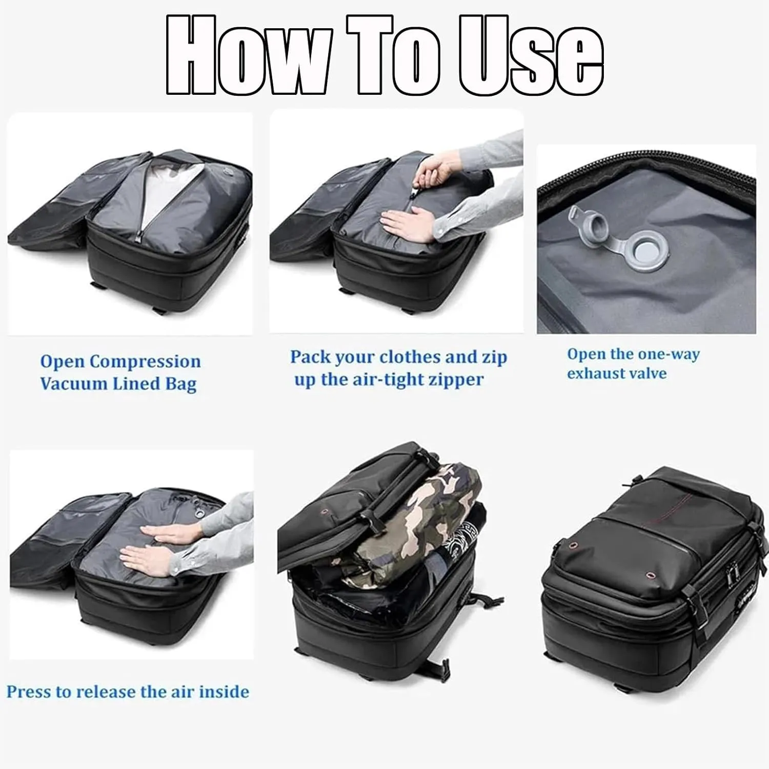 Vaccage 60L Expandable Travel Smart Backpack with Vacuum Compression, Black with Air Pump