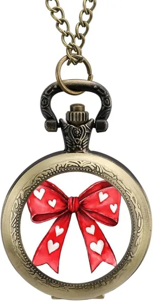 Valentine's Day Red Bow with White Hearts Vintage Quartz Pocket Watch with Chain Numerals Scale for Christmas Graduation Birthday