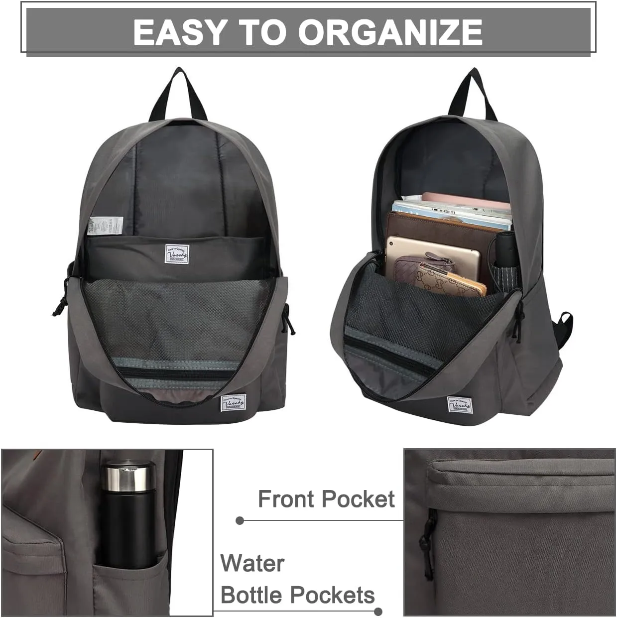VASCHY Lightweight Backpack for School, Classic Basic Water Resistant Casual Daypack for Travel with Bottle Side Pockets (Gray)
