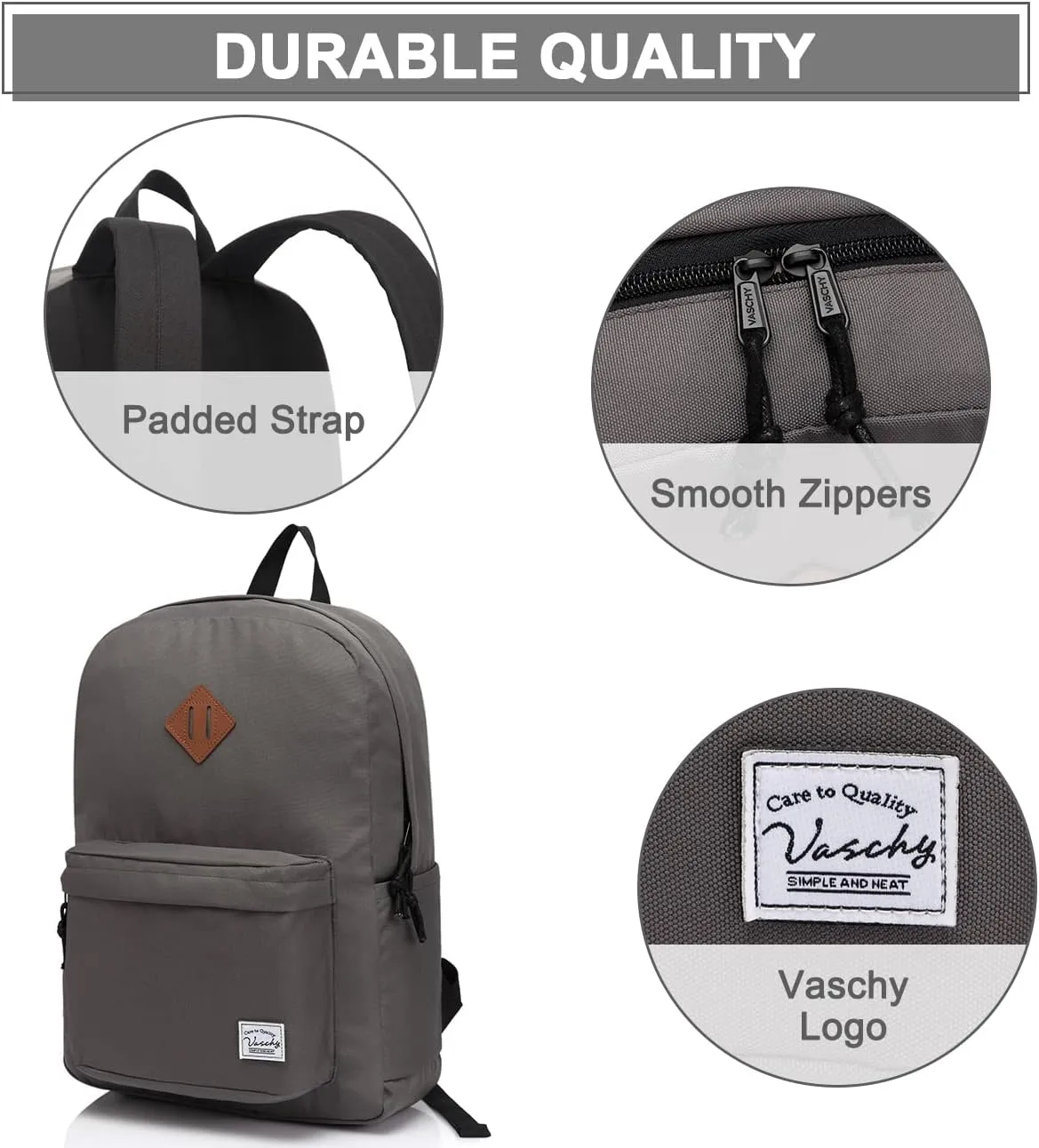 VASCHY Lightweight Backpack for School, Classic Basic Water Resistant Casual Daypack for Travel with Bottle Side Pockets (Gray)