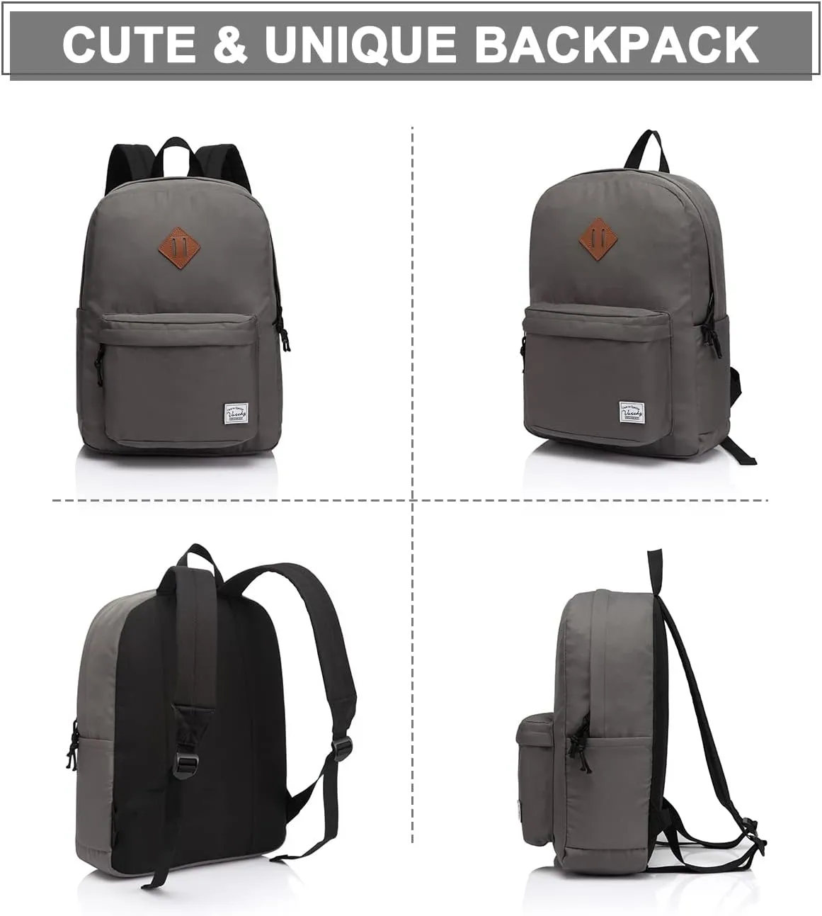 VASCHY Lightweight Backpack for School, Classic Basic Water Resistant Casual Daypack for Travel with Bottle Side Pockets (Gray)