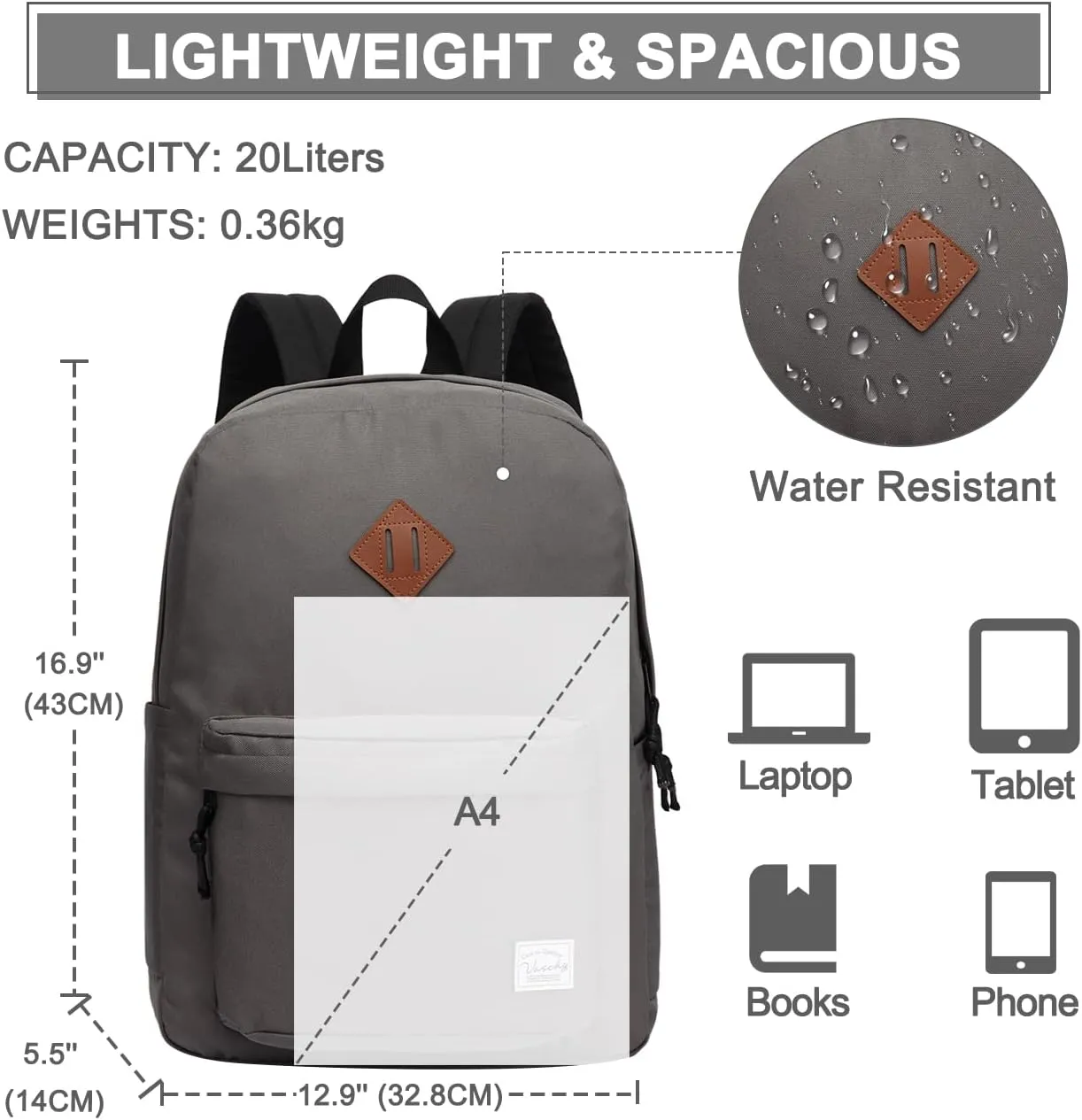 VASCHY Lightweight Backpack for School, Classic Basic Water Resistant Casual Daypack for Travel with Bottle Side Pockets (Gray)