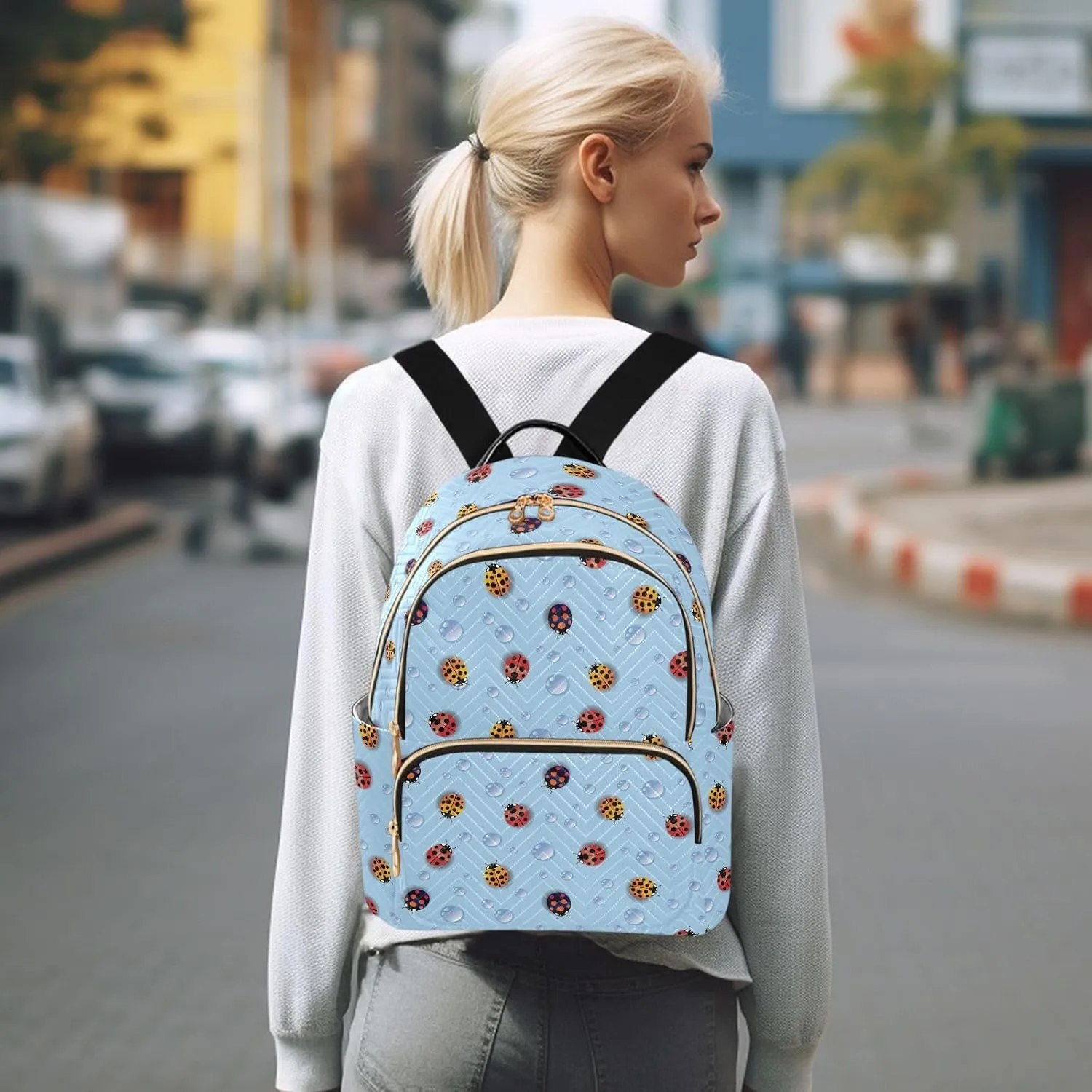 VIGTRO Women Fashion Backpack Quilted Mini Purse Colorful Ladybugs Light Blue, Lightweight Travel Casual Shoulder Backpack with Adjustable Straps Size M