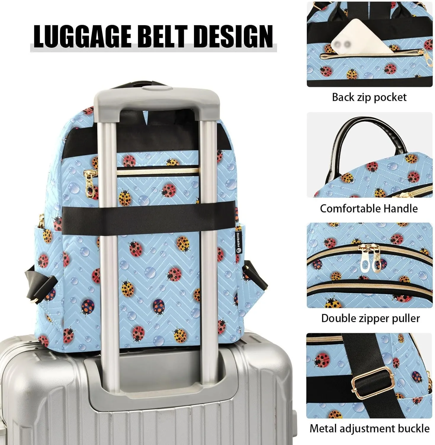 VIGTRO Women Fashion Backpack Quilted Mini Purse Colorful Ladybugs Light Blue, Lightweight Travel Casual Shoulder Backpack with Adjustable Straps Size M