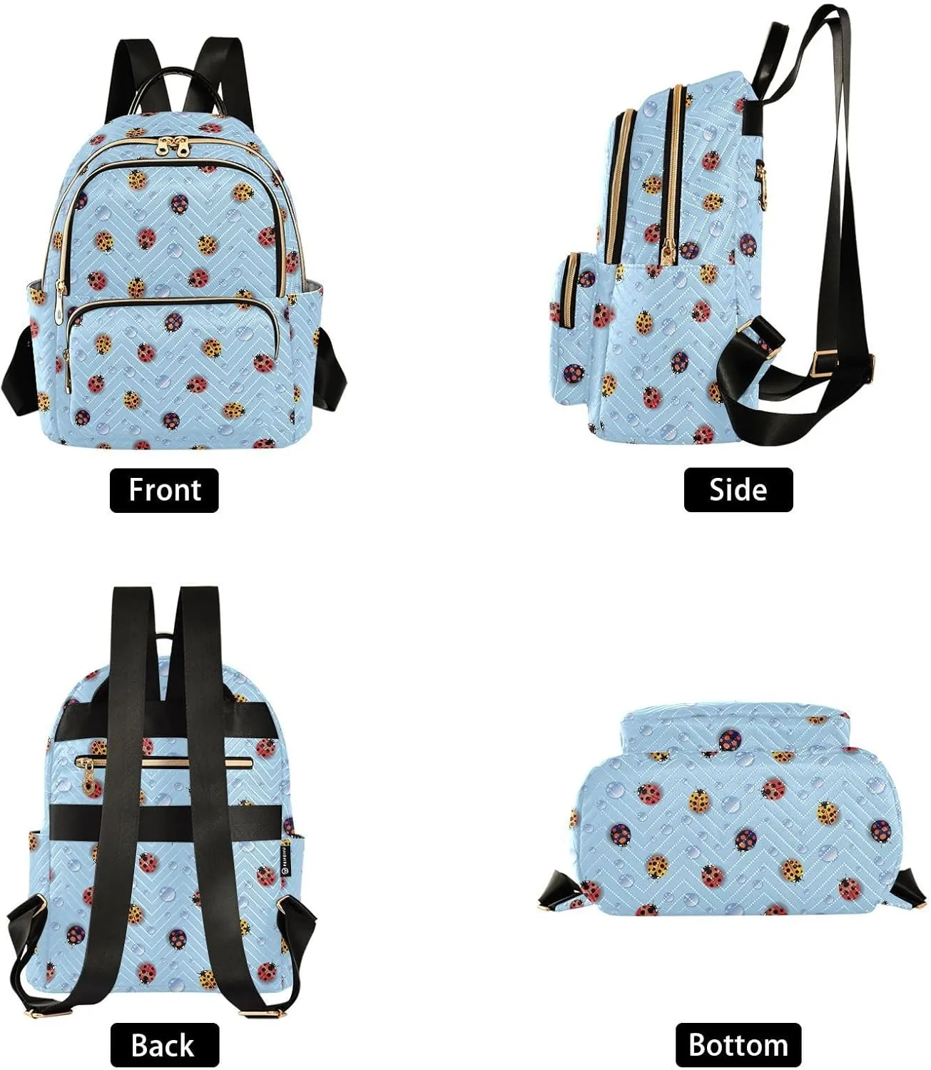 VIGTRO Women Fashion Backpack Quilted Mini Purse Colorful Ladybugs Light Blue, Lightweight Travel Casual Shoulder Backpack with Adjustable Straps Size M