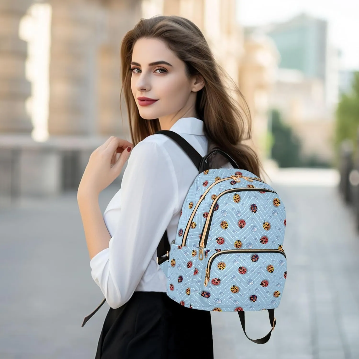 VIGTRO Women Fashion Backpack Quilted Mini Purse Colorful Ladybugs Light Blue, Lightweight Travel Casual Shoulder Backpack with Adjustable Straps Size M