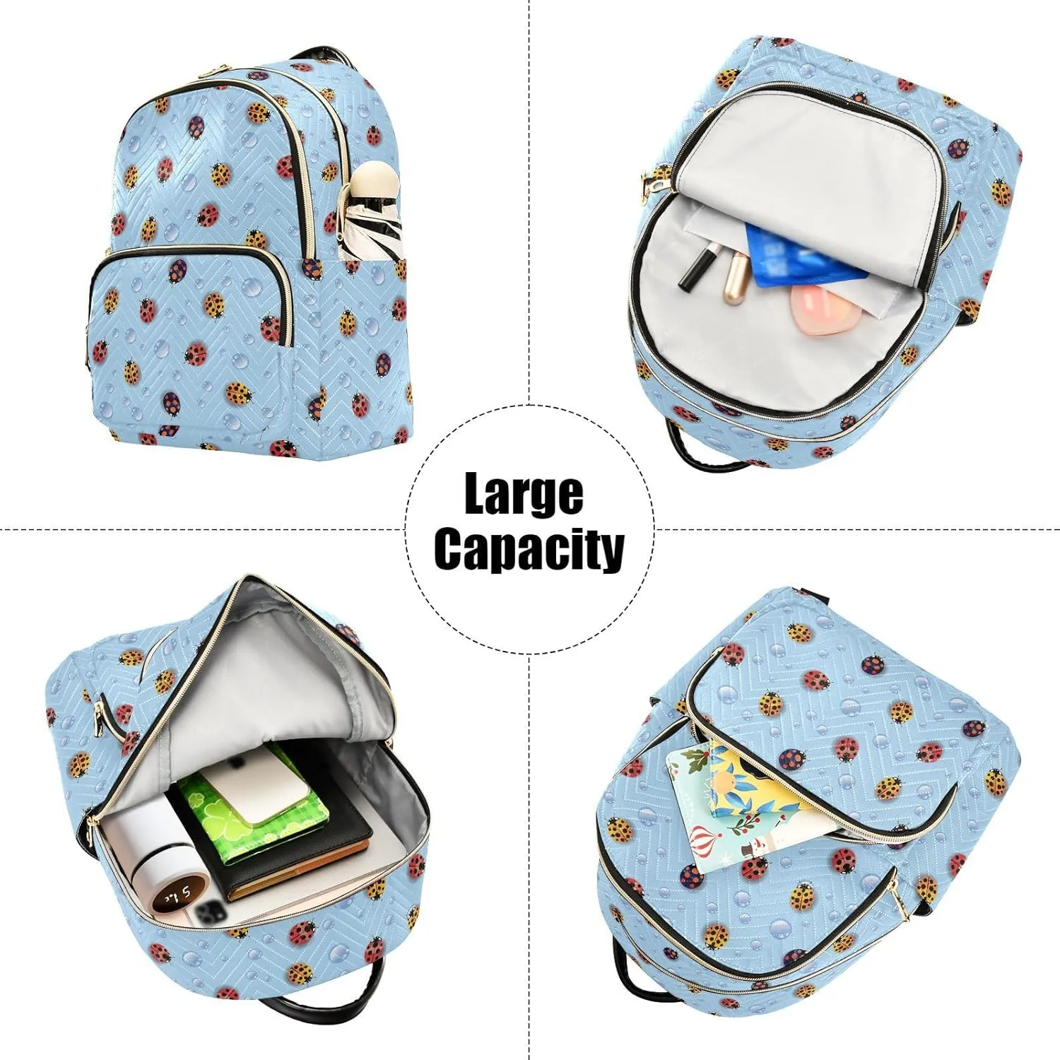 VIGTRO Women Fashion Backpack Quilted Mini Purse Colorful Ladybugs Light Blue, Lightweight Travel Casual Shoulder Backpack with Adjustable Straps Size M