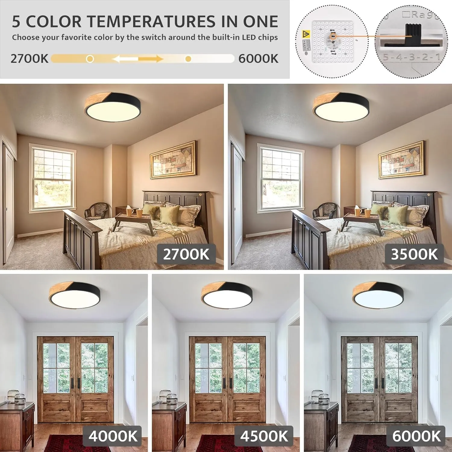 Vikaey Modern Dimmable LED Ceiling Light, Minimalist Wood Style 5CCT 2700K-6000K Flush Mount Ceiling Light Fixture, Round Lighting Lamp for Bedroom, Laundry Room, Hallway, Entryway, Black, 11.8"