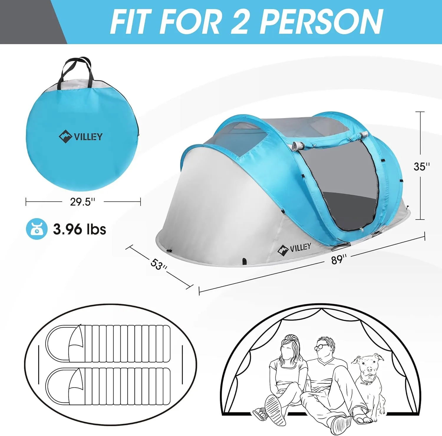 VILLEY 2 Person Easy Pop Up Tent, Waterproof Automatic Setup Instant Lightweight Camping Beach Tent with Carrying Bag for Camping, Hiking & Traveling