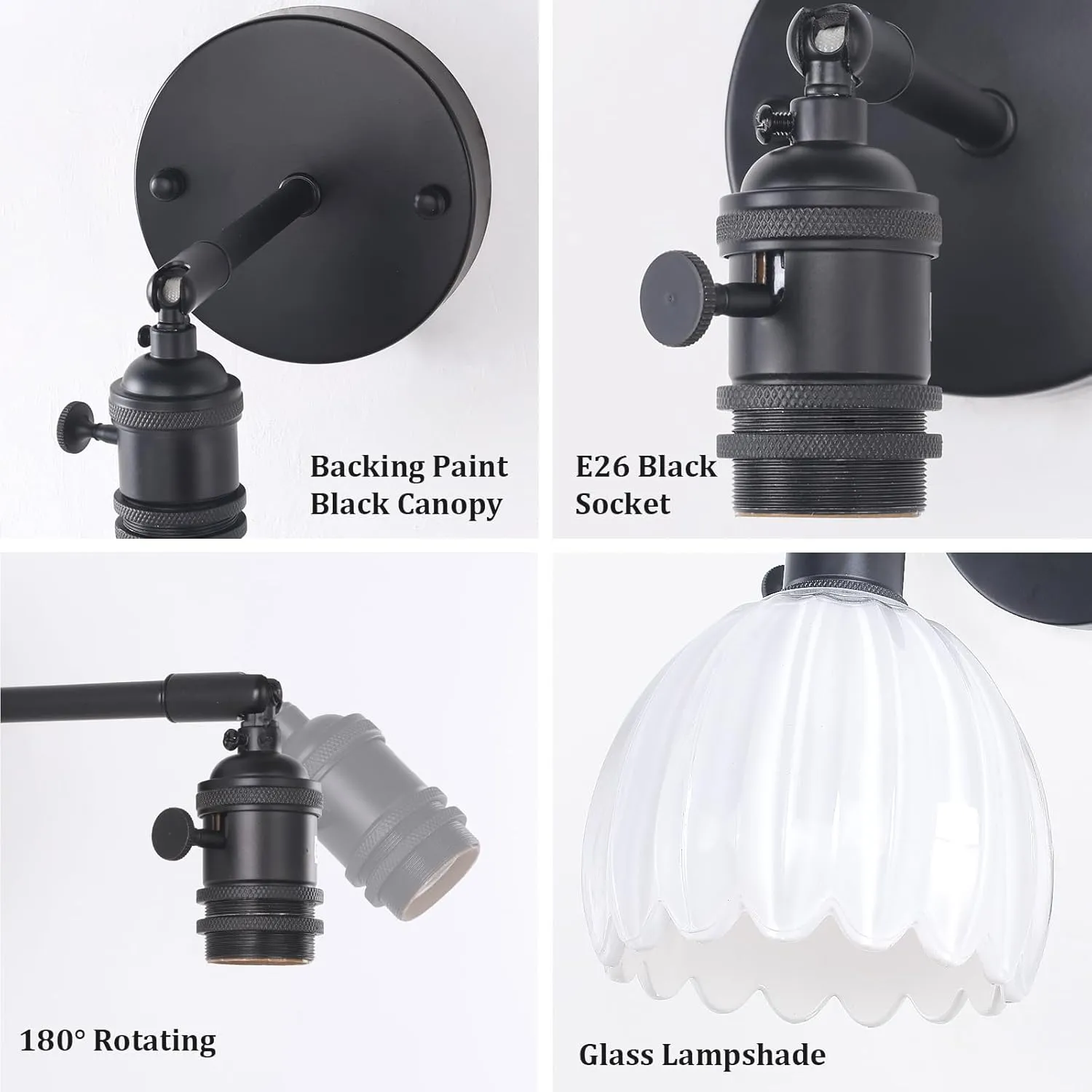 Vintage Battery Operated Wall Sconce with White Tulip Glass Lampshade Wireless Rechargeable Battery Powered Black Wall Light with Remote Control for Bedside Bedroom Doorway