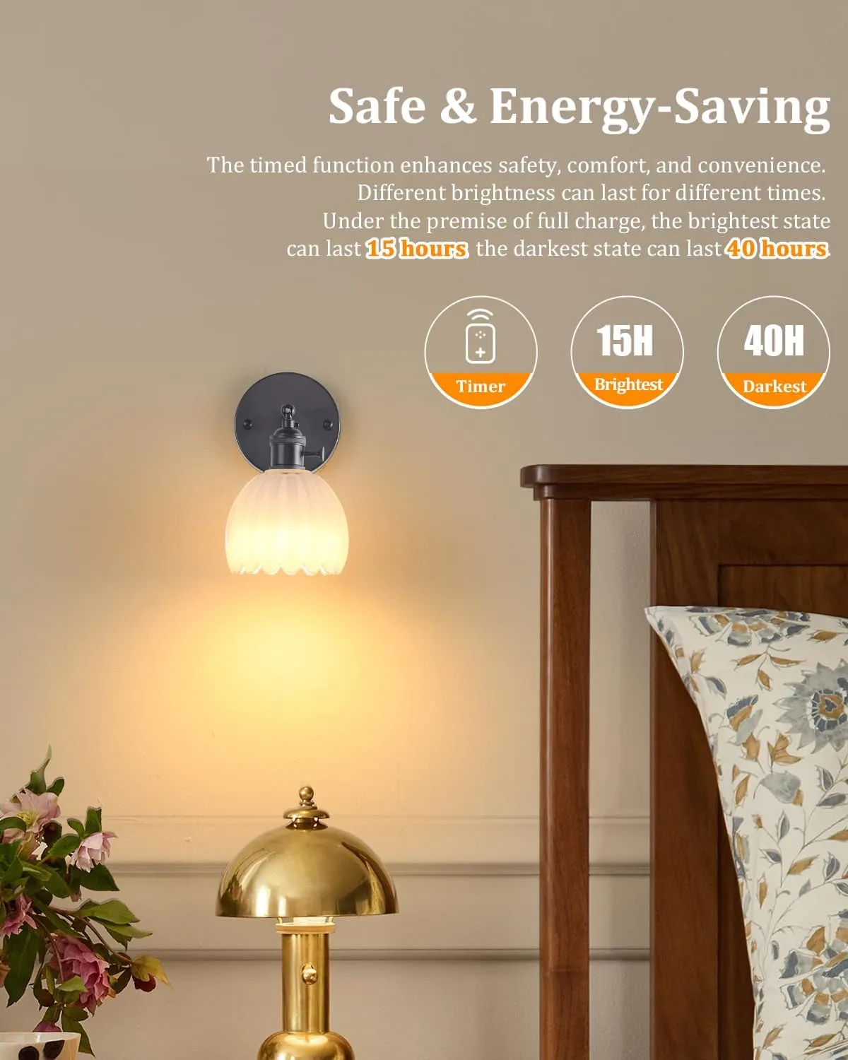 Vintage Battery Operated Wall Sconce with White Tulip Glass Lampshade Wireless Rechargeable Battery Powered Black Wall Light with Remote Control for Bedside Bedroom Doorway