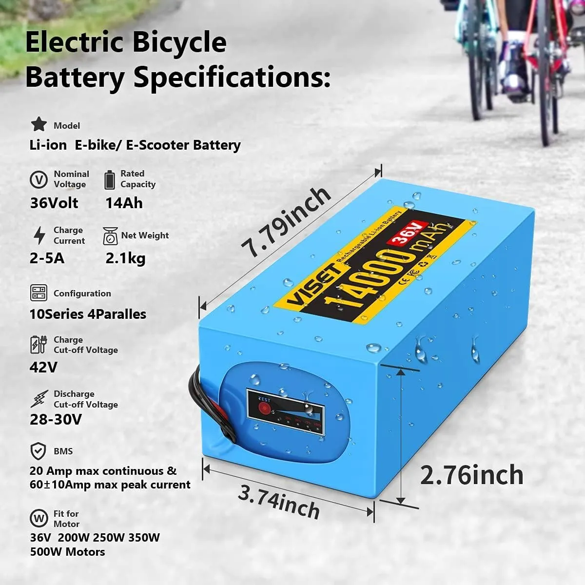 VISET 48V/36V/24V Ebike Battery 10AH 14AH 20AH 30AH Electric Battery Lithium with BMS, Compatible with E-Bikes, Scooters, ATVs, Motorcycles and More, for 100-1000W Motor (36V 14AH(200W-500W))