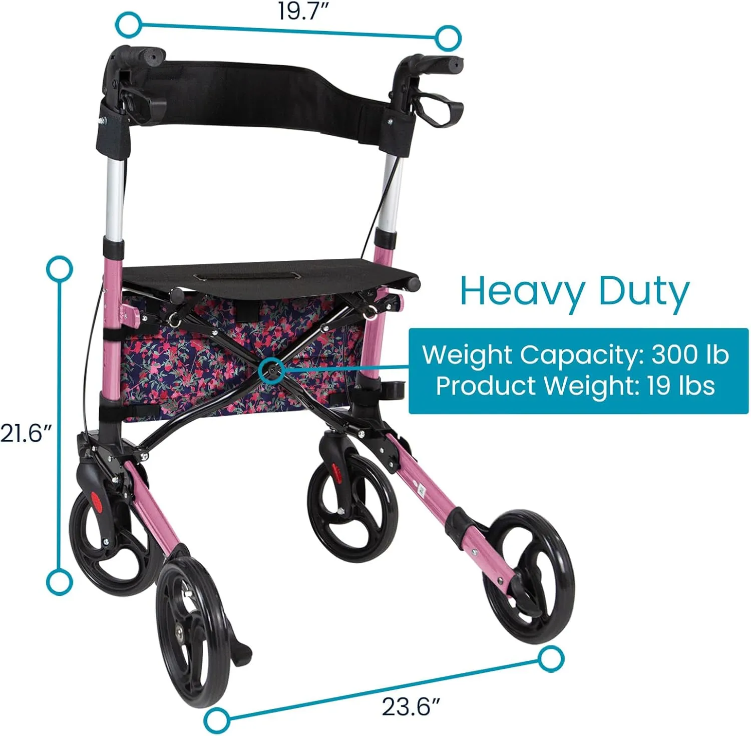 Vive Mobility Rollator Walker - Folding 4 Wheel Medical Rolling Walker with Seat & Bag - Mobility Aid for Adult, Senior, Elderly & Handicap (Pearl Pink, Floral Bag)