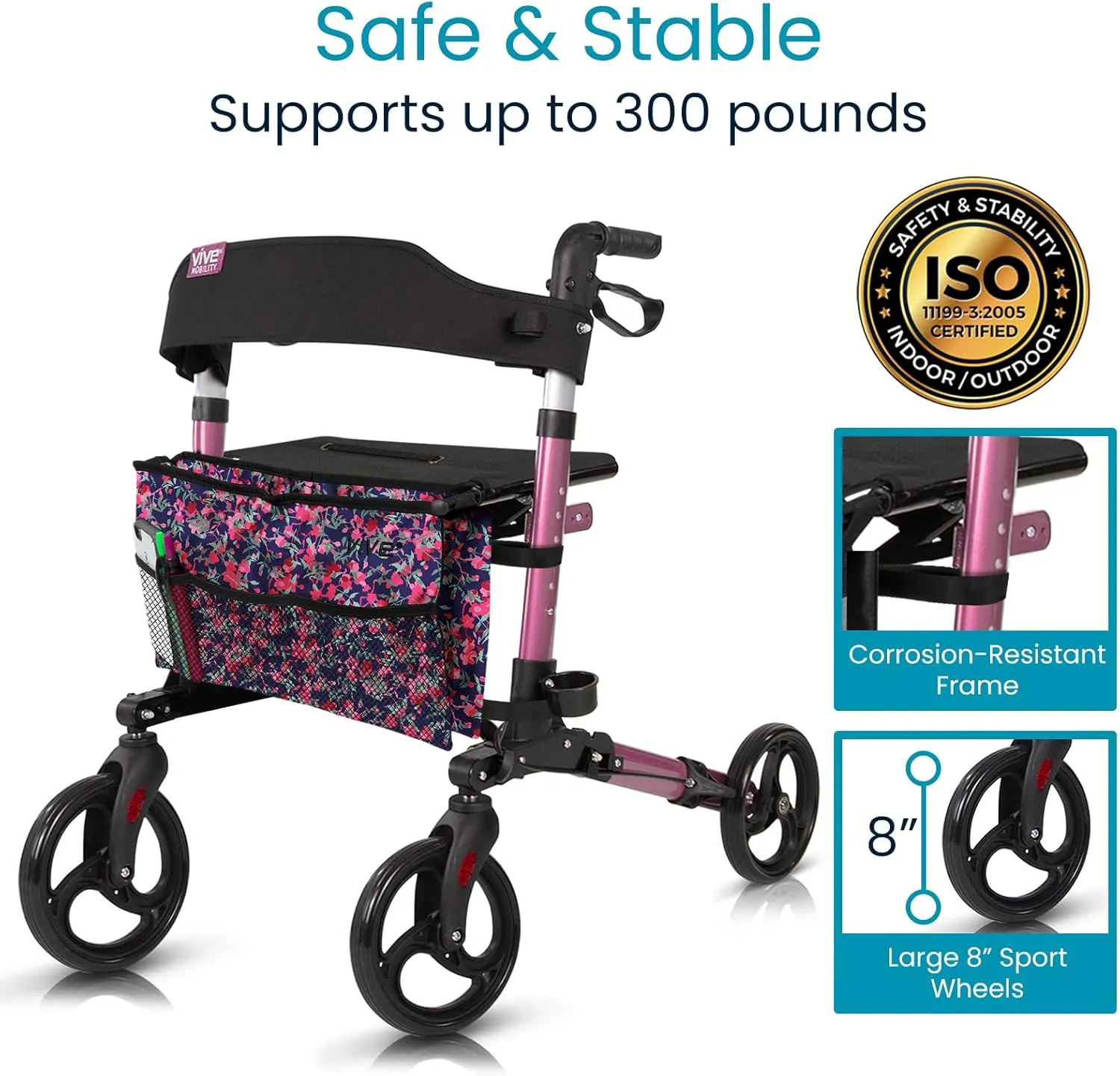 Vive Mobility Rollator Walker - Folding 4 Wheel Medical Rolling Walker with Seat & Bag - Mobility Aid for Adult, Senior, Elderly & Handicap (Pearl Pink, Floral Bag)
