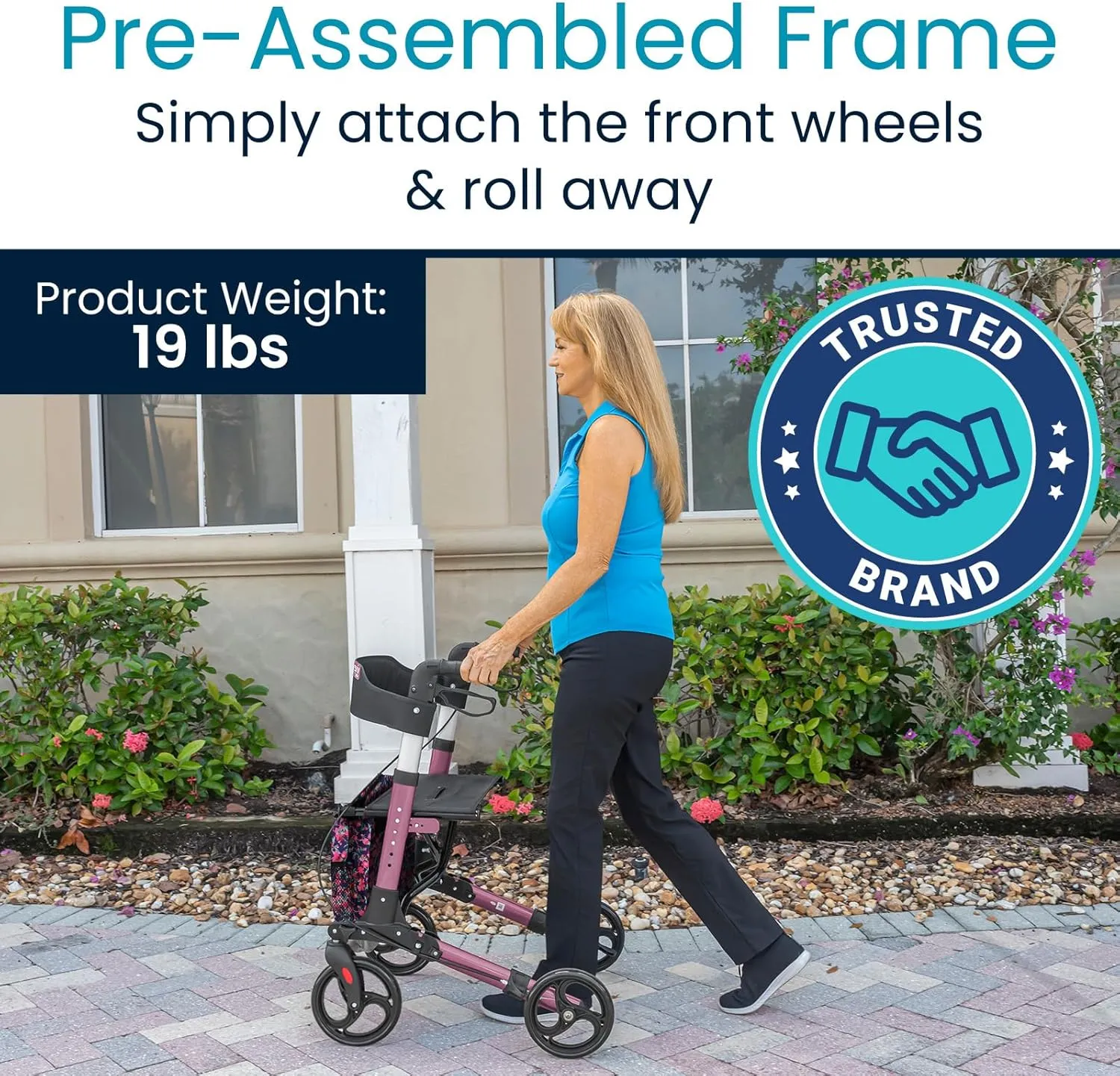 Vive Mobility Rollator Walker - Folding 4 Wheel Medical Rolling Walker with Seat & Bag - Mobility Aid for Adult, Senior, Elderly & Handicap (Pearl Pink, Floral Bag)