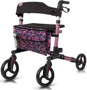 Vive Mobility Rollator Walker - Folding 4 Wheel Medical Rolling Walker with Seat & Bag - Mobility Aid for Adult, Senior, Elderly & Handicap (Pearl Pink, Floral Bag)