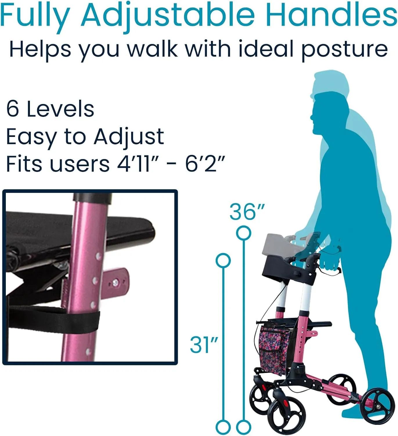 Vive Mobility Rollator Walker - Folding 4 Wheel Medical Rolling Walker with Seat & Bag - Mobility Aid for Adult, Senior, Elderly & Handicap (Pearl Pink, Floral Bag)