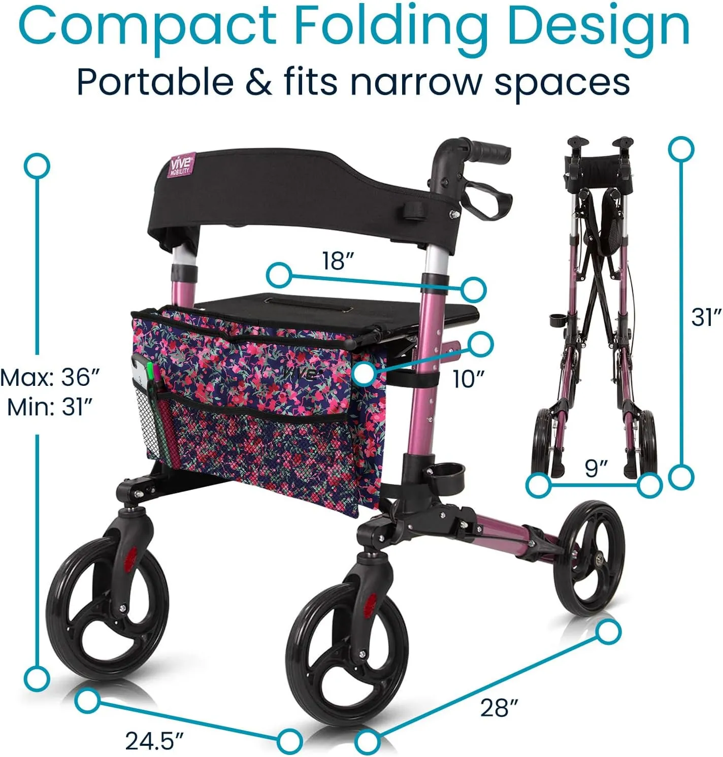 Vive Mobility Rollator Walker - Folding 4 Wheel Medical Rolling Walker with Seat & Bag - Mobility Aid for Adult, Senior, Elderly & Handicap (Pearl Pink, Floral Bag)