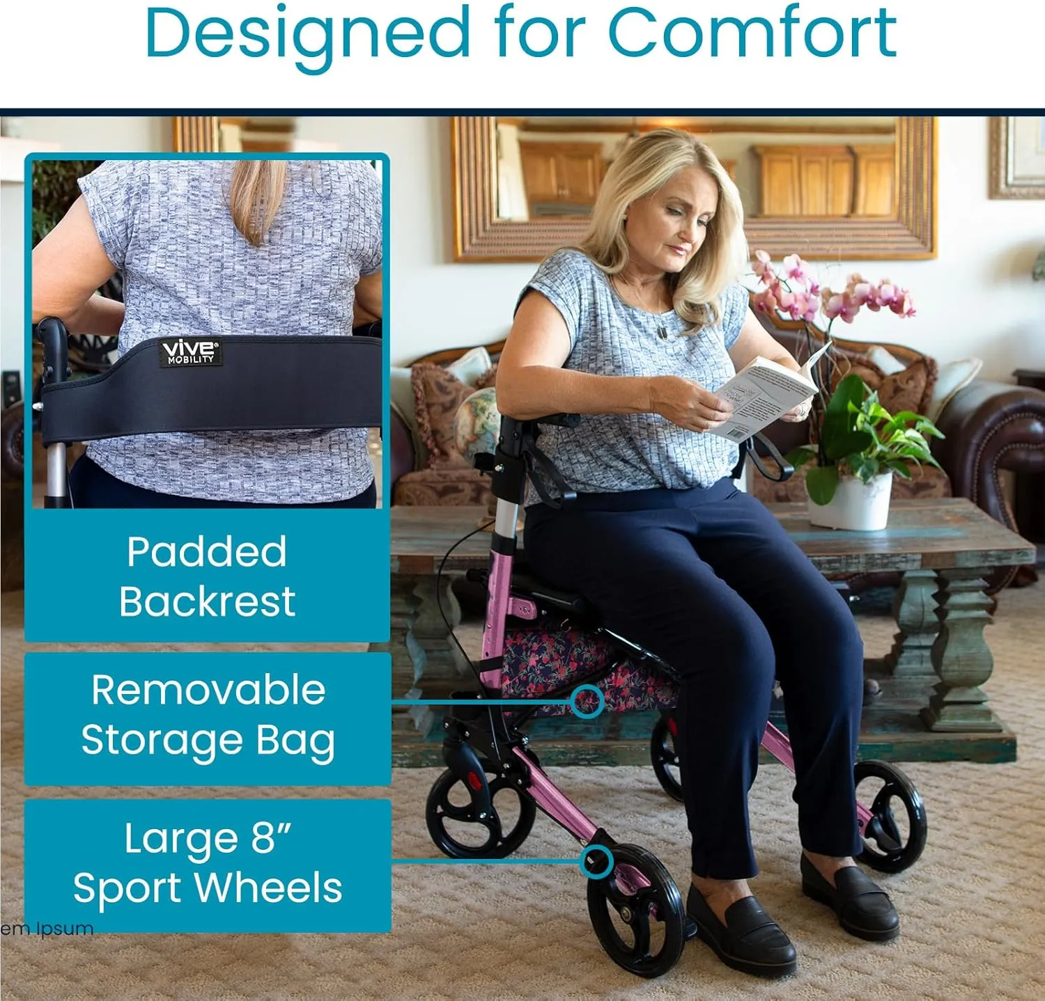 Vive Mobility Rollator Walker - Folding 4 Wheel Medical Rolling Walker with Seat & Bag - Mobility Aid for Adult, Senior, Elderly & Handicap (Pearl Pink, Floral Bag)