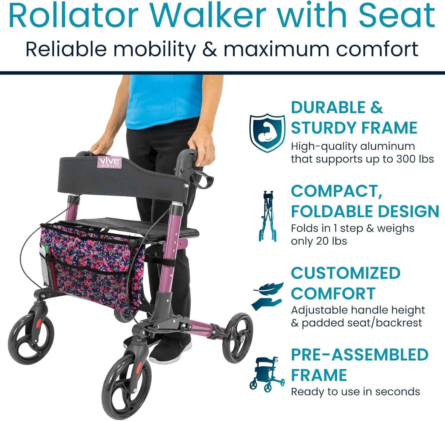 Vive Mobility Rollator Walker - Folding 4 Wheel Medical Rolling Walker with Seat & Bag - Mobility Aid for Adult, Senior, Elderly & Handicap (Pearl Pink, Floral Bag)