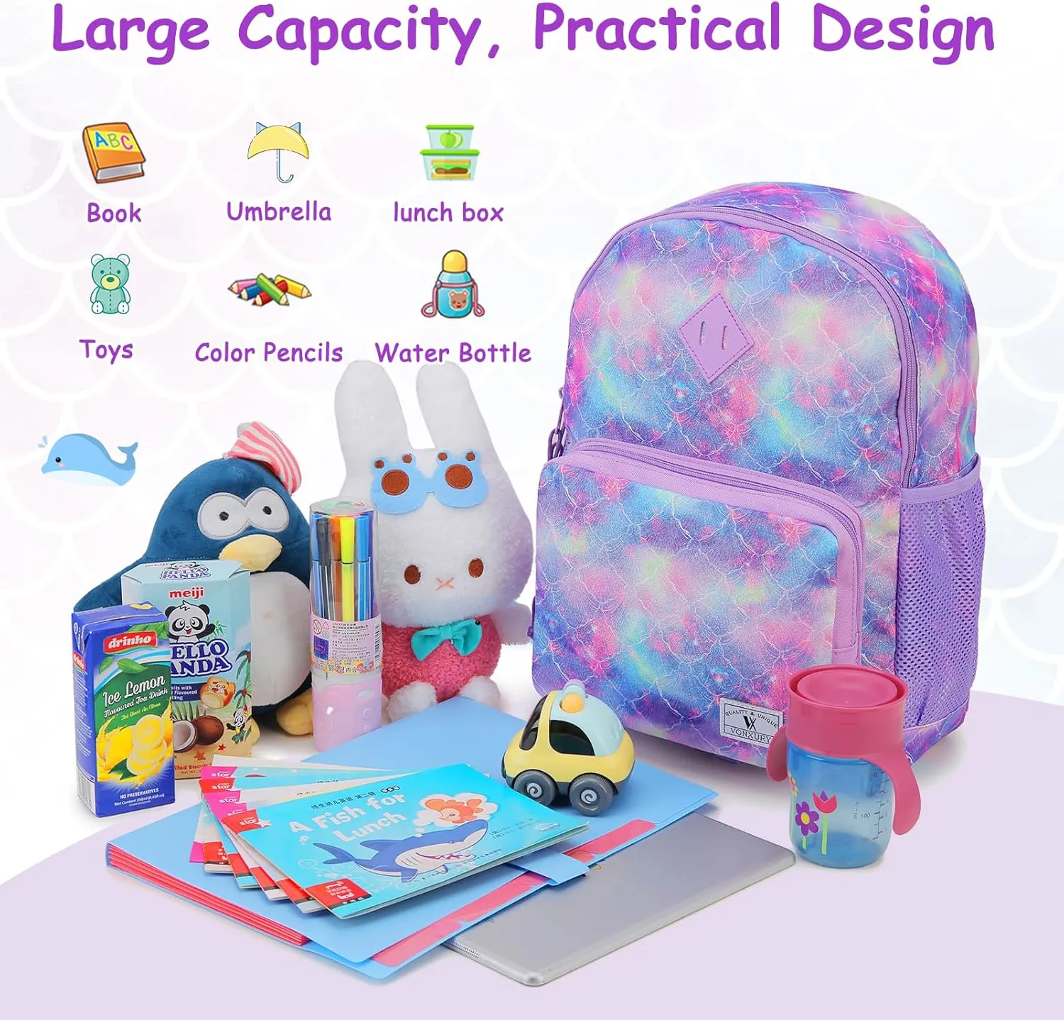 VX VONXURY Kids Backpack,Cute Preschool Toddler Schoolbag for Boys with Chest Strap Small（Purple Galaxy