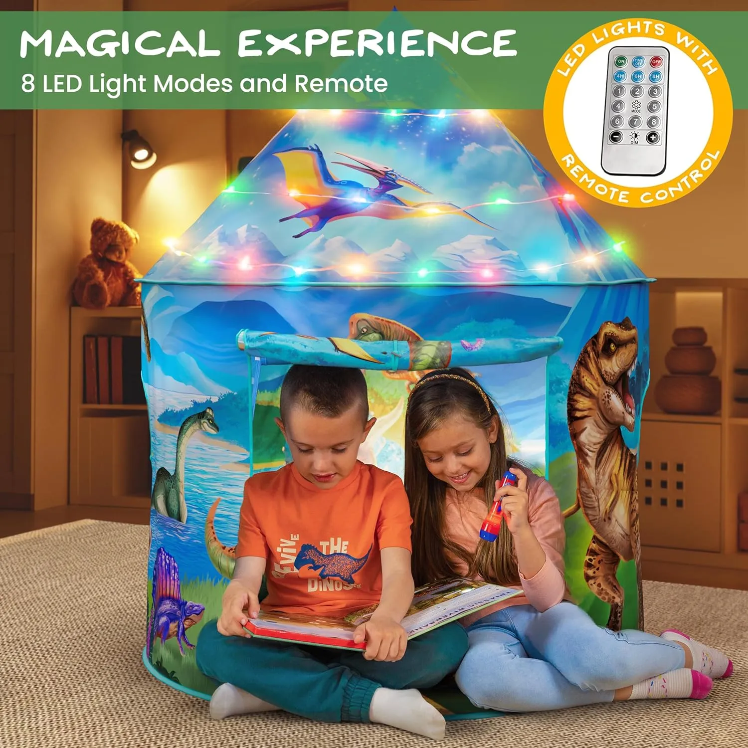 W&O Dino Paradise Play Tent with Roar Button, Dinosaur Toys and LED Lights - Epic Pop Up Tent for Boys & Girls - Perfect for Indoor & Outdoor Adventures