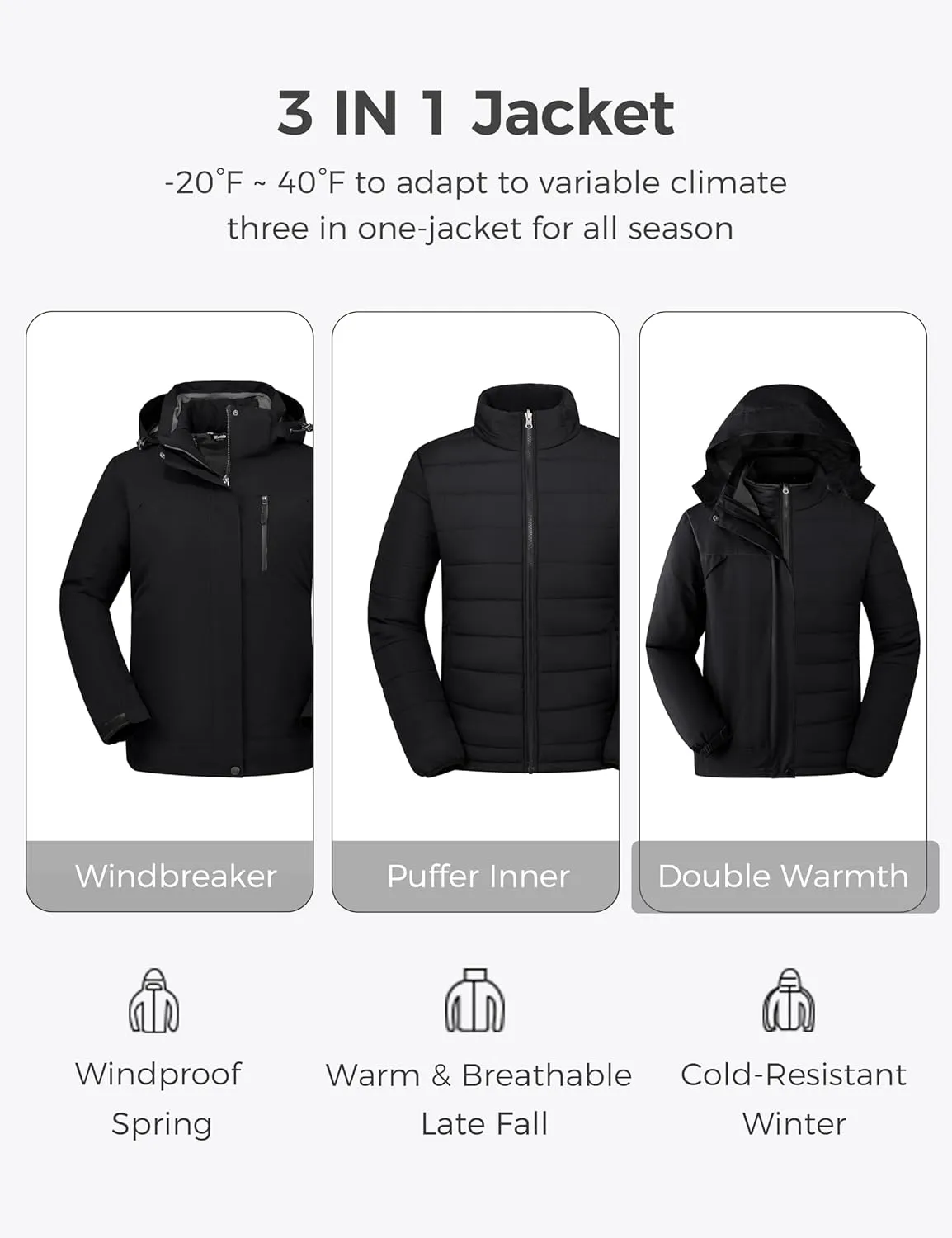 wantdo Women's 3 in 1 Plus Size Winter Coats Waterproof Ski Jacket Hooded Snowboarding Jacket