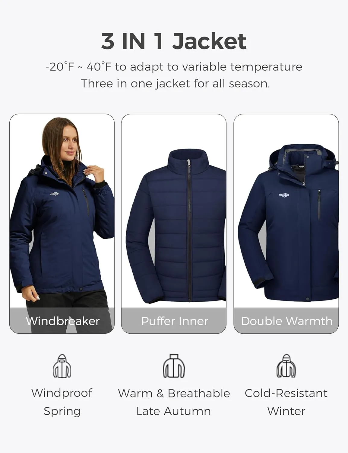 wantdo Women's 3 in 1 Waterproof Ski Jacket Windproof Winter Snow Coat Snowboarding Jackets Warm Raincoat