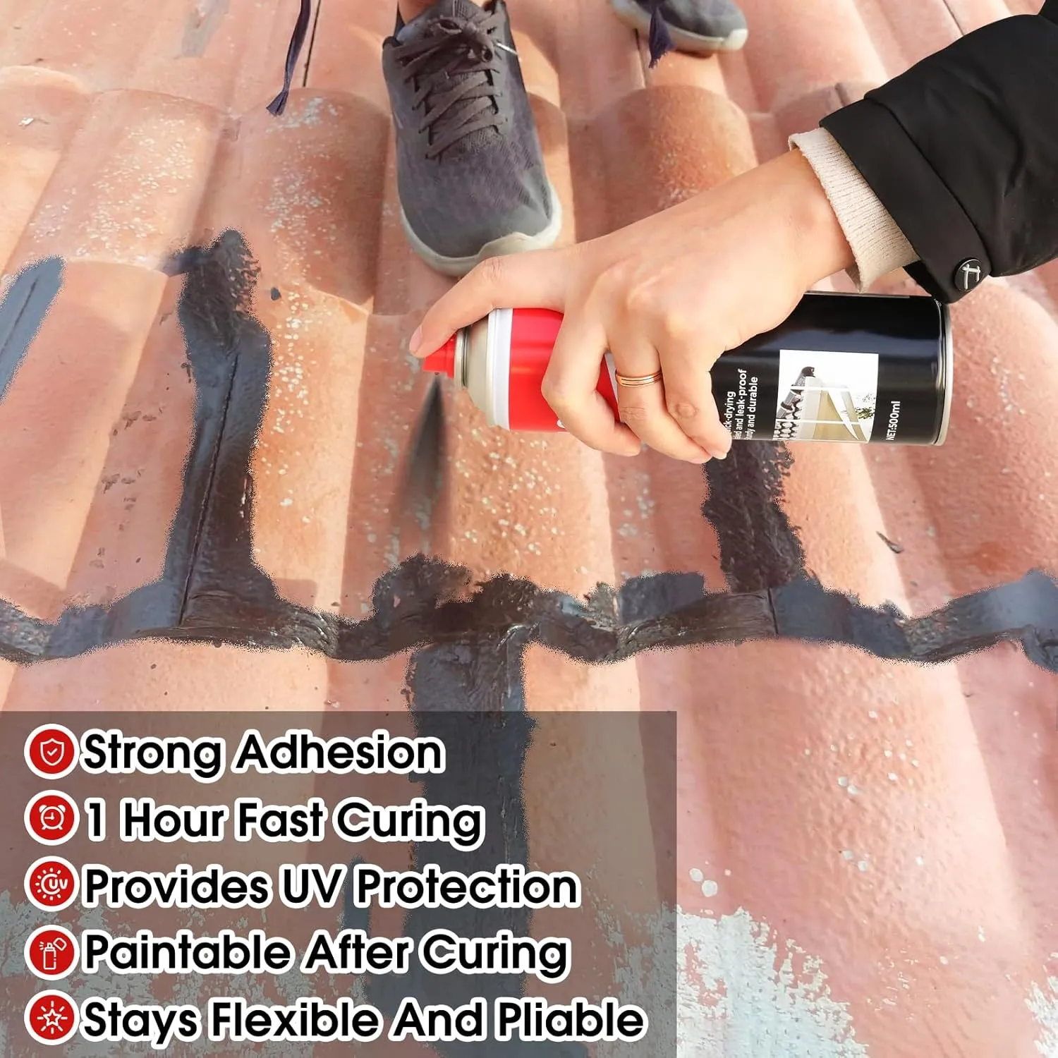 Waterproof Patch & Seal Rubberized Sealant Spray, 17 oz (Pack of 6) Point & Spray to Seal Cracks, Holes, Leaks, Black Rubber Sealant Perfect for Gutters, Wood, Campers, Roof Repair, Windows