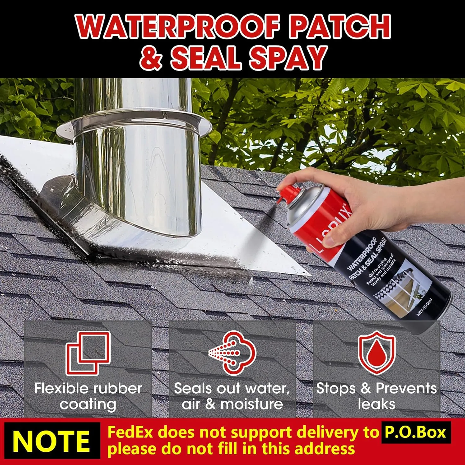 Waterproof Patch & Seal Rubberized Sealant Spray, 17 oz (Pack of 6) Point & Spray to Seal Cracks, Holes, Leaks, Black Rubber Sealant Perfect for Gutters, Wood, Campers, Roof Repair, Windows