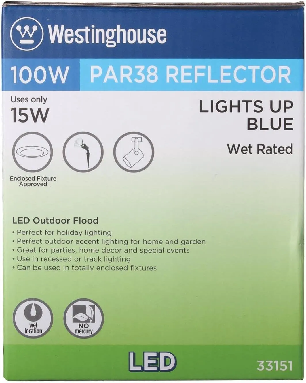 Westinghouse 3315120 100-Watt Equivalent PAR38 Flood Outdoor Weatherproof LED Light Bulb with Medium Base (6), Six Pack Blue 33151