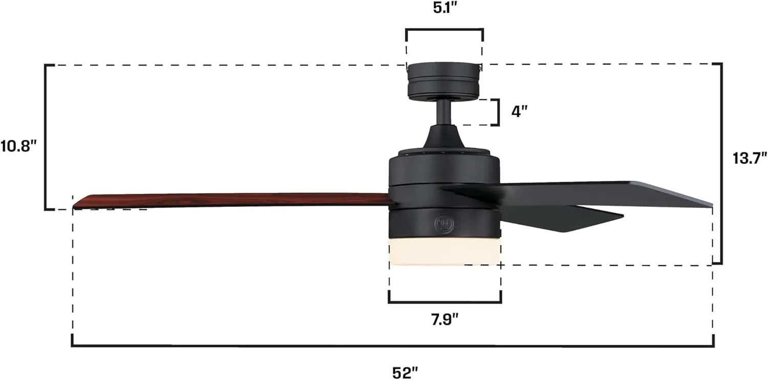Westinghouse 7205900 Alta Vista, Modern LED Ceiling Fan with Light and Remote Control, 52 Inch, Matte Black Finish, Opal Frosted Glass