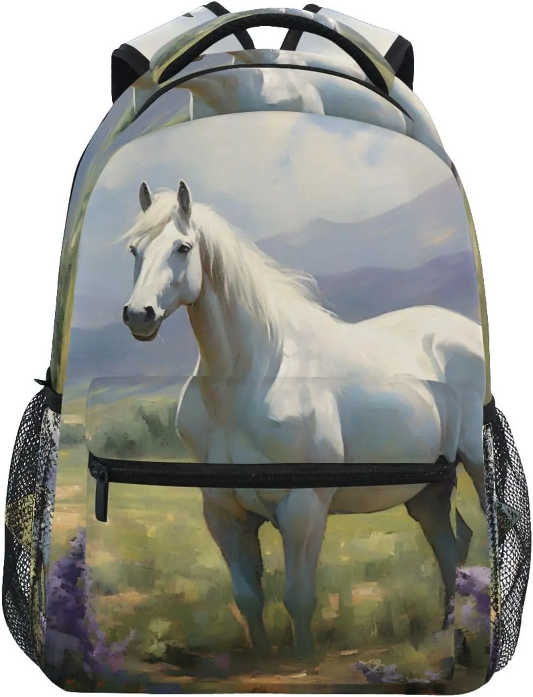 White Horse Grassland Backpack Daypack Shoulder Bag Book Bag Lightweight Back Pack 11.4 ×16 In