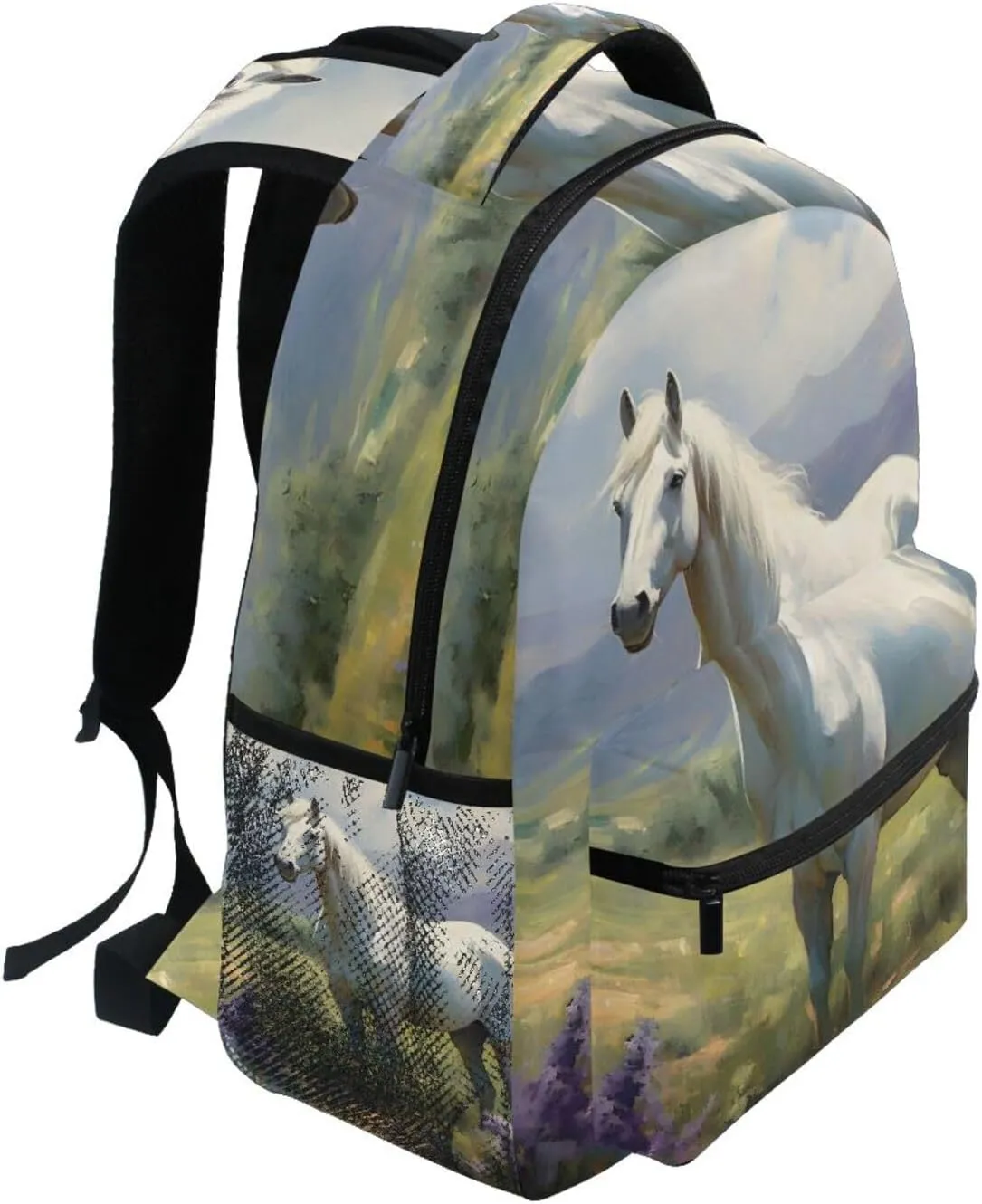 White Horse Grassland Backpack Daypack Shoulder Bag Book Bag Lightweight Back Pack 11.4 ×16 In