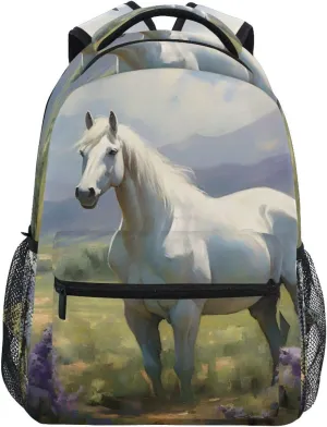 White Horse Grassland Backpack Daypack Shoulder Bag Book Bag Lightweight Back Pack 11.4 ×16 In