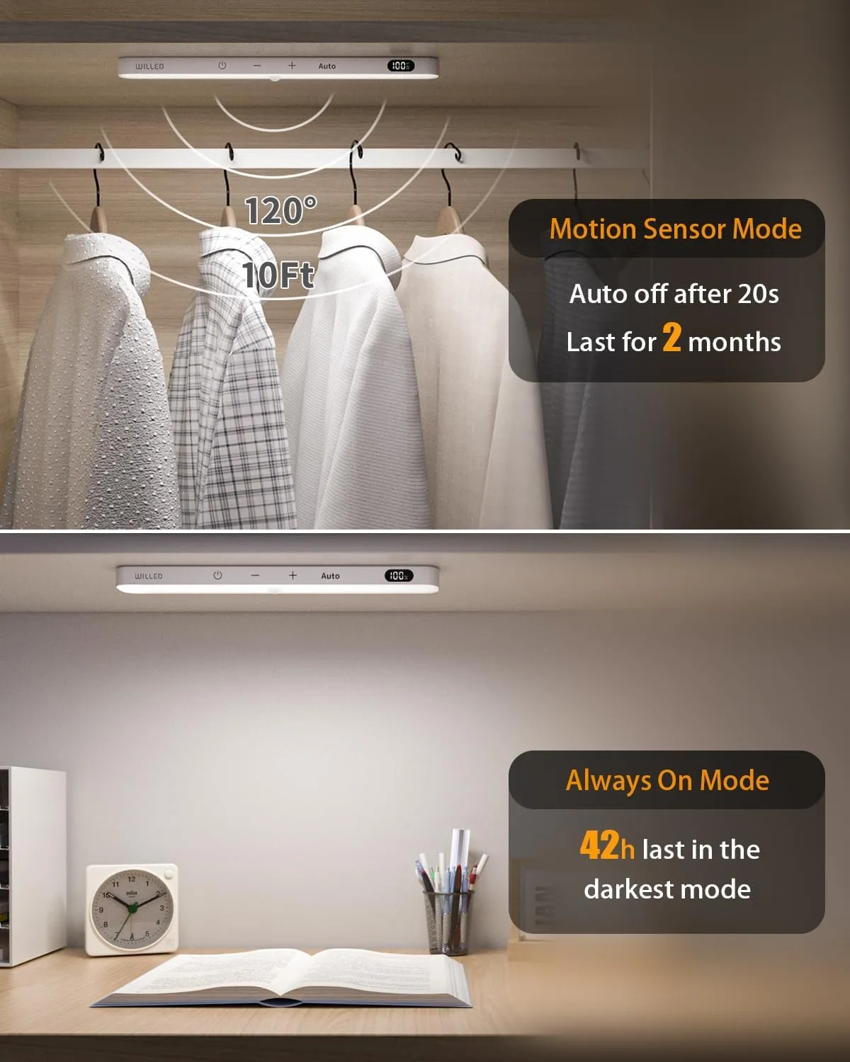 WILLED Motion Sensor Light Indoor, Battery Display, 60 LED Touch Light Bar, Under Cabinet Lights Rechargeable, Battery Operated Closet Light Wireless, Stick on Under Counter Lights for Kitchen(4 Pack)