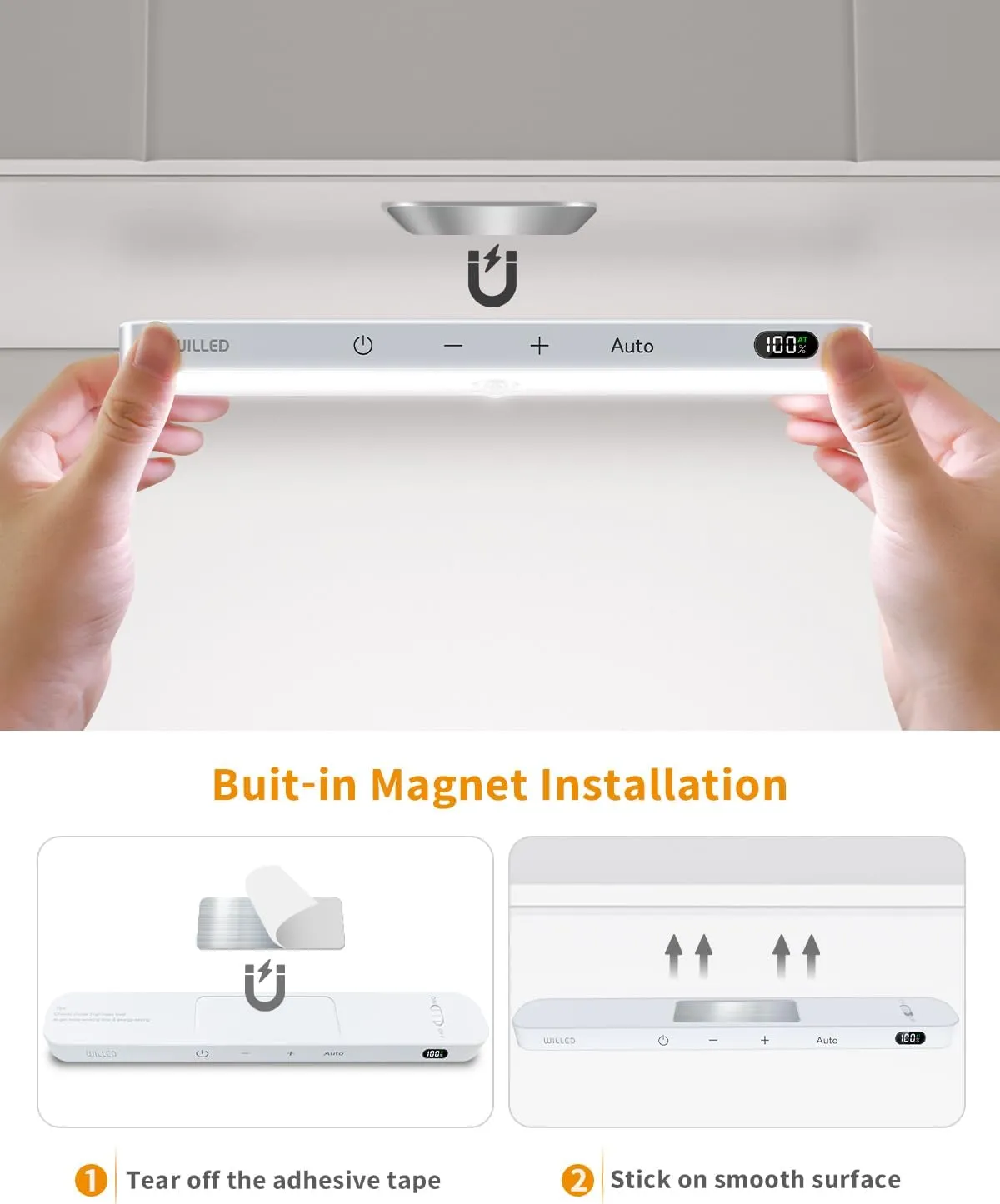WILLED Motion Sensor Light Indoor, Battery Display, 60 LED Touch Light Bar, Under Cabinet Lights Rechargeable, Battery Operated Closet Light Wireless, Stick on Under Counter Lights for Kitchen(4 Pack)