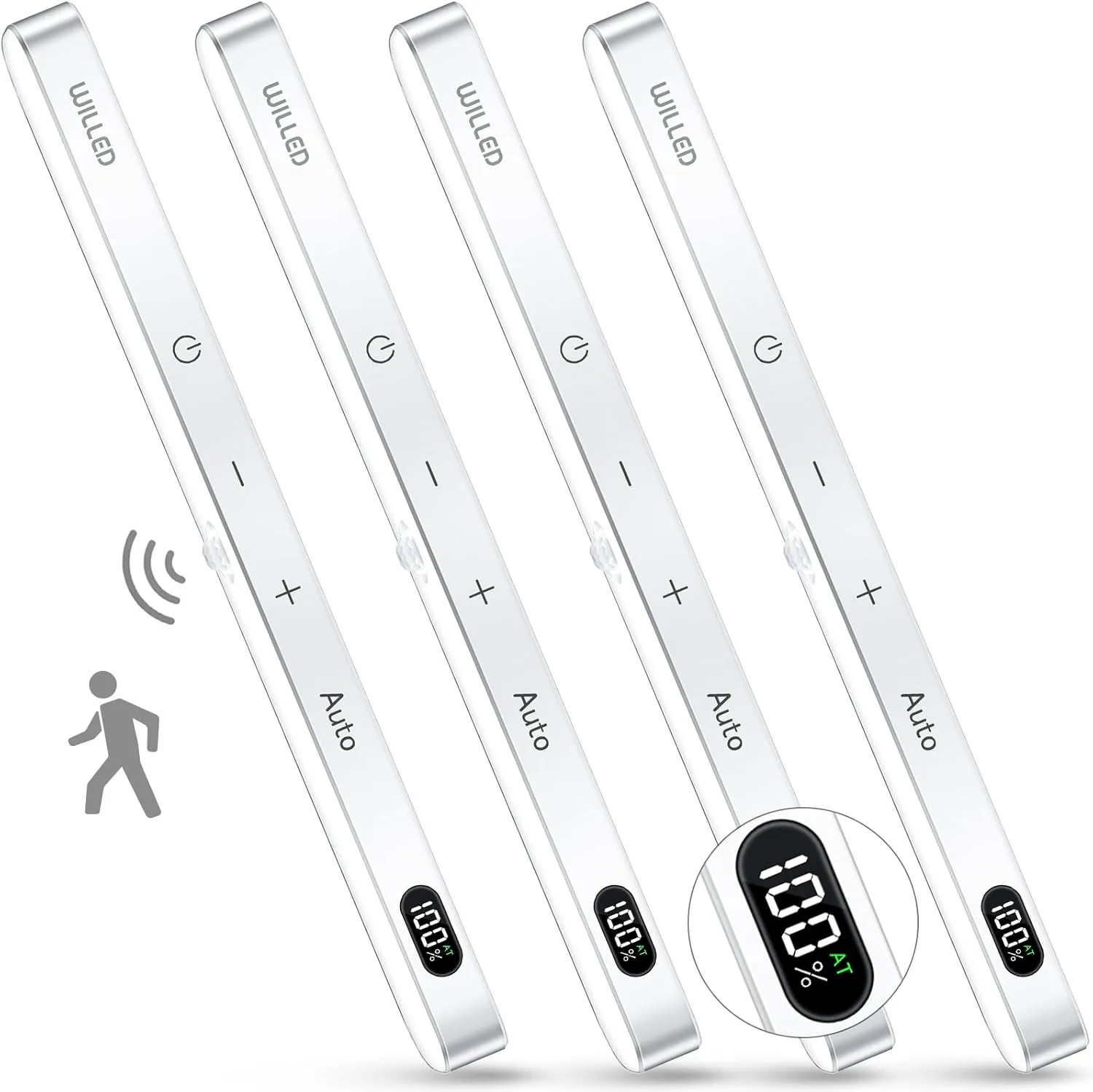 WILLED Motion Sensor Light Indoor, Battery Display, 60 LED Touch Light Bar, Under Cabinet Lights Rechargeable, Battery Operated Closet Light Wireless, Stick on Under Counter Lights for Kitchen(4 Pack)