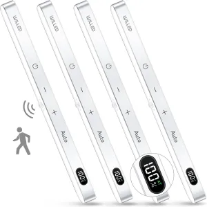 WILLED Motion Sensor Light Indoor, Battery Display, 60 LED Touch Light Bar, Under Cabinet Lights Rechargeable, Battery Operated Closet Light Wireless, Stick on Under Counter Lights for Kitchen(4 Pack)